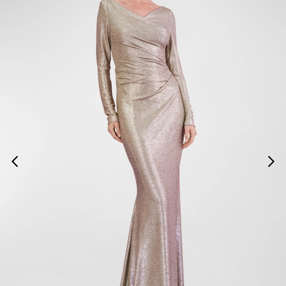 Talbot Runhof Metallic Draped long Sleeve Mock Wrap Gown